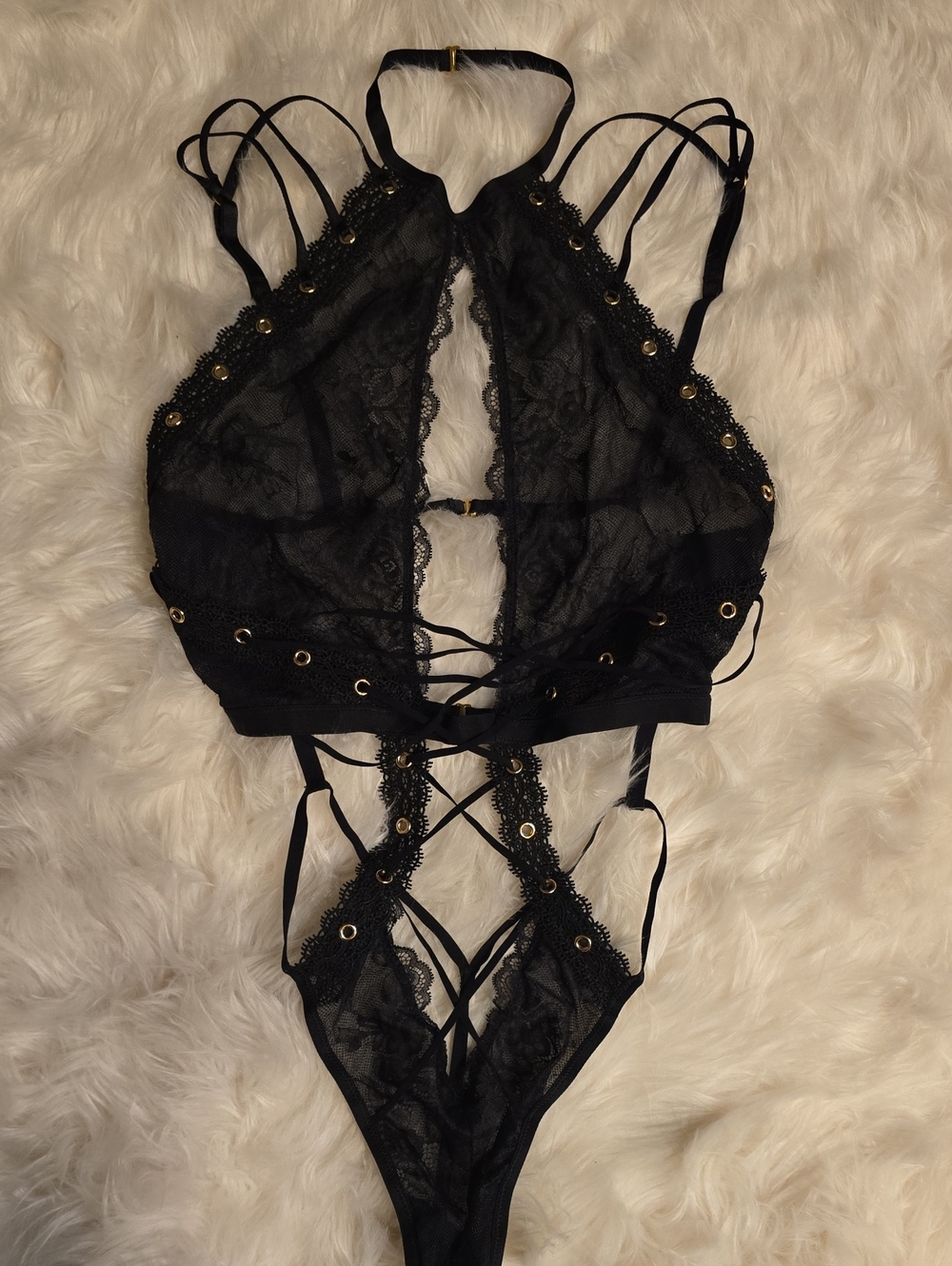 Victoria's Secret Very Sexy High Neck Rose Lace & Grommet Strappy Teddy S